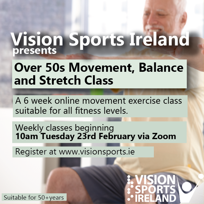 Over 50's Movement, Balance and Stretch. Man sitting down while stretching. Programme details and Vision Sports Logo.