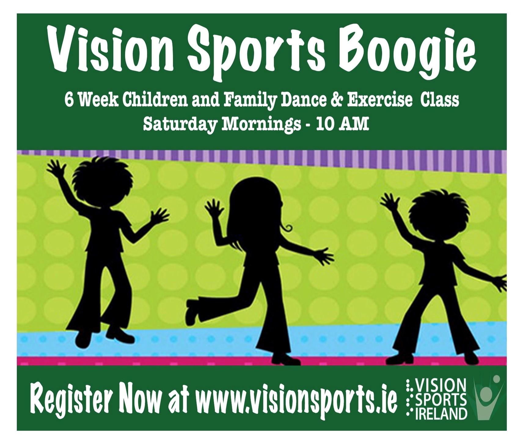 Shadow of three people dancing. Vision Sports Boogie, 6 week children and family dance and exercise programme. Vision Sports Ireland logo