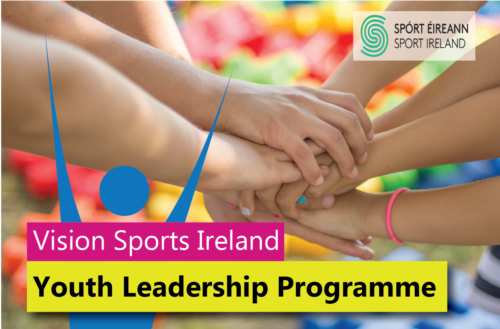 A group of children's hands all held in together in the middle of their group on the Vision Sports Ireland Youth Leadership Programme poster