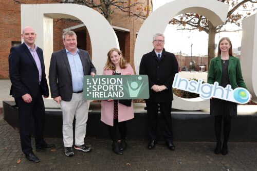 Photos of Vision Sports Ireland and DCU attendees at launch holding VSI and INsight logo signs