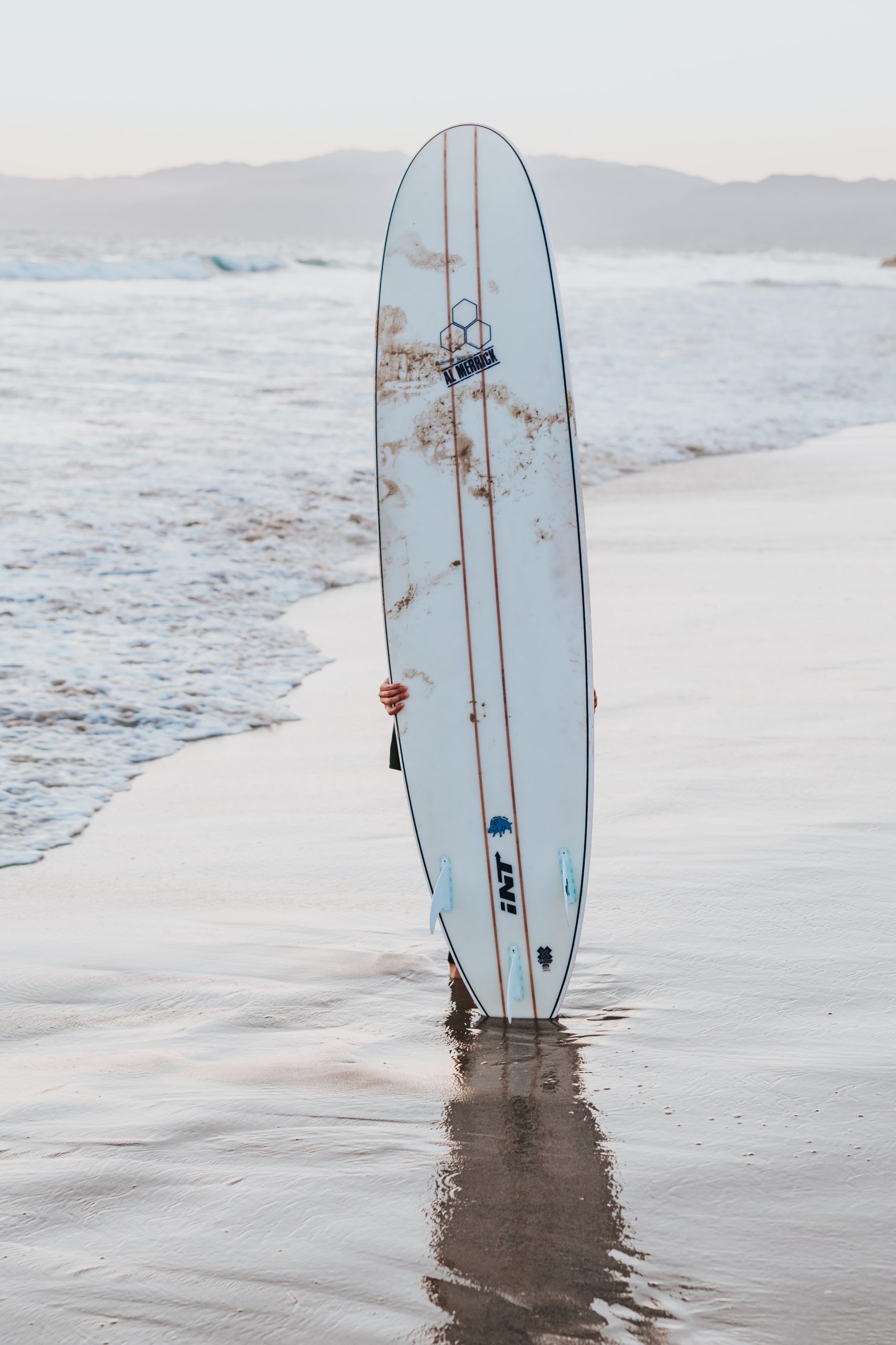 Photo of surf board standing upright on beach.