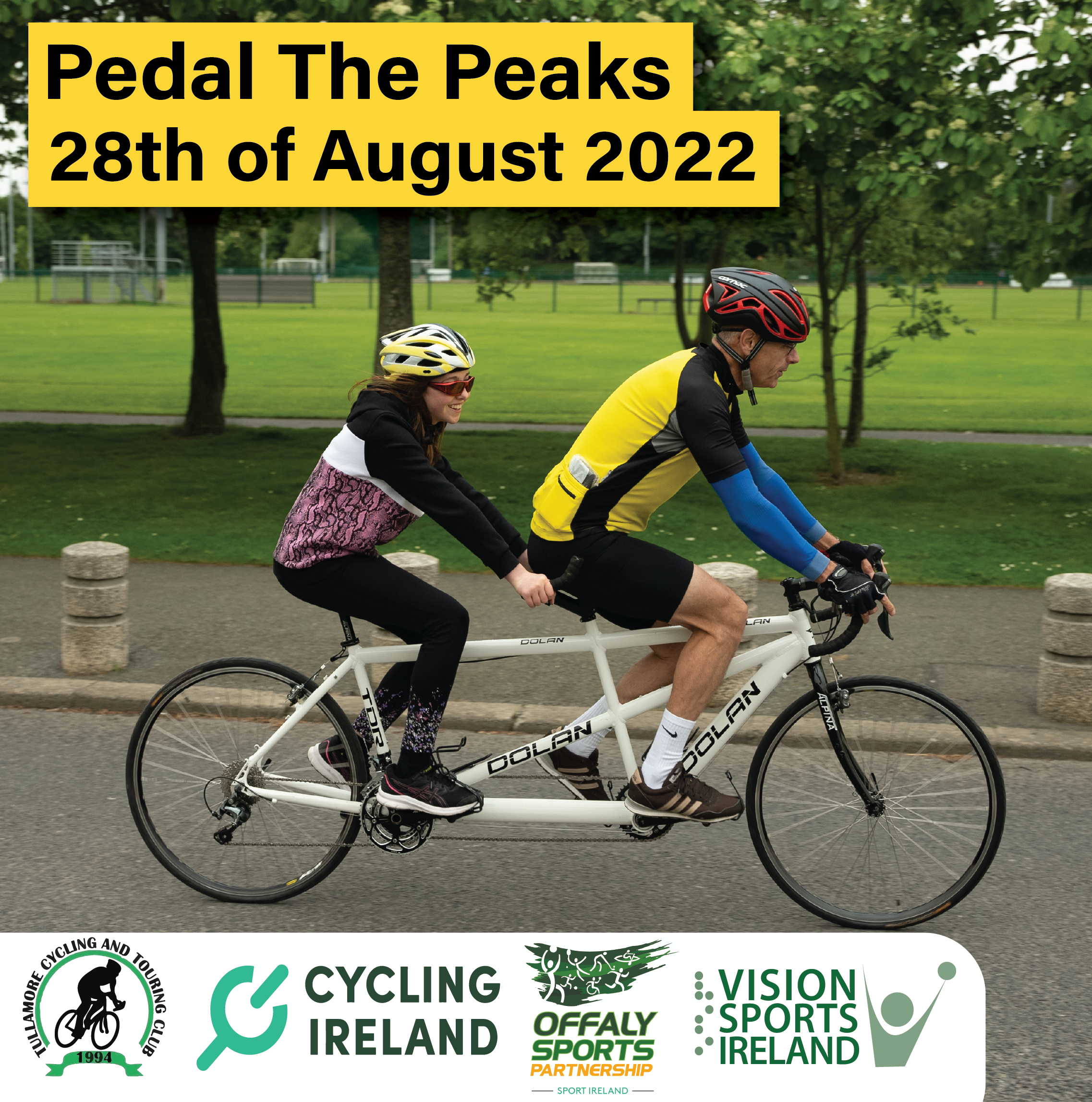 Pedal the Peaks poster. Background image includes pilot and stoker on silver tandem bike.