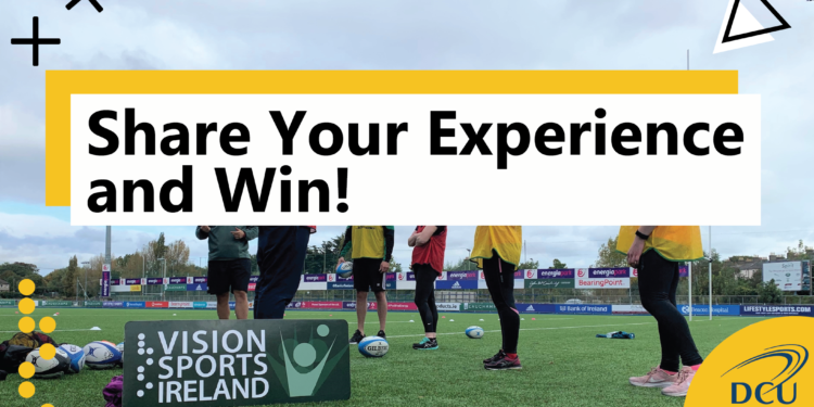 poster with the text share your experience and win with a photo of participants standing on a rugby pitch
