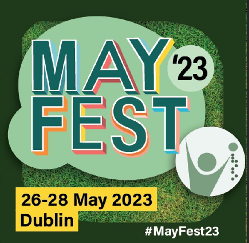 Mayfest logo on a green grass background with the text 26-28 May 2023, Dublin