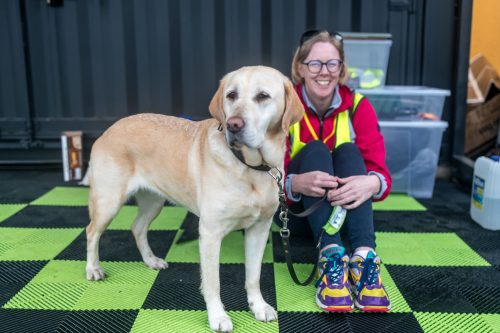 A volunteer sits on the floor smiling with a guide dog