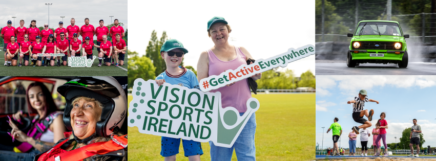 5 images are contained in this picture. A group photo of the vi rugby team, a woman smiling while sitting in a rally car, a mother and son smiling while holding a Vision Sports Ireland sign, a green rally car on a track and a child mid jump while partaking in a long jump.