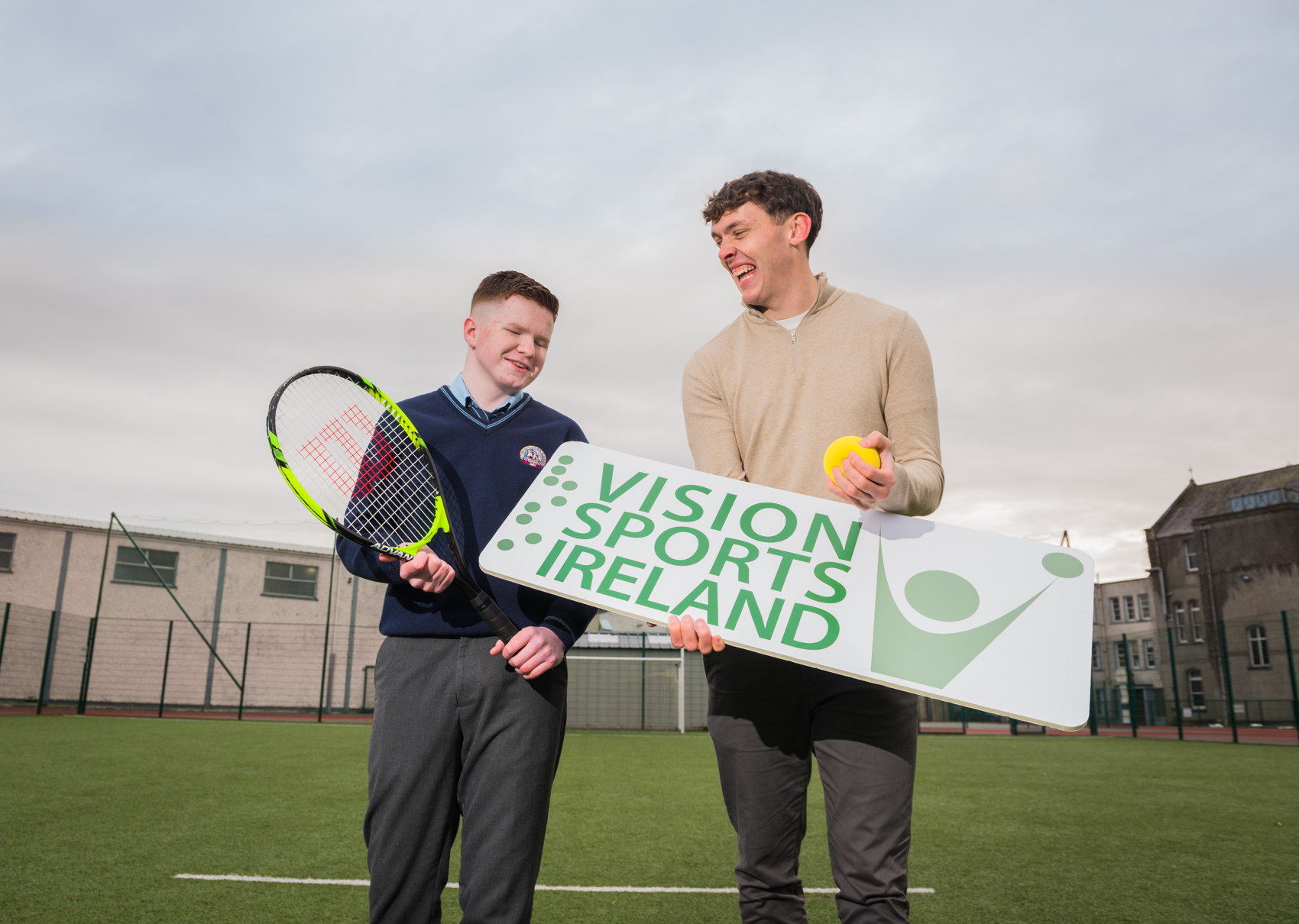 Kerry footballer David Clifford and St Brendan’s College student Michael O Brien share a laugh at the Vision Impaired PE Teaching Guide launch.