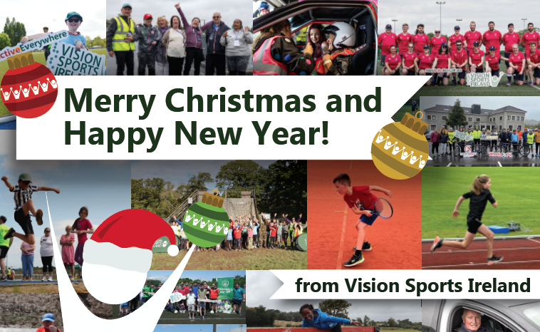 A collage of pictures taken at different Vision Sports events and programmes throughout 2023. On top of the pictures is a white banner with the words "Merry Christmas and Happy New Year! from Vision Sports Ireland". The Vision Sports Ireland man is wearing a santa hat and there are Christmas baubles in the image as well.