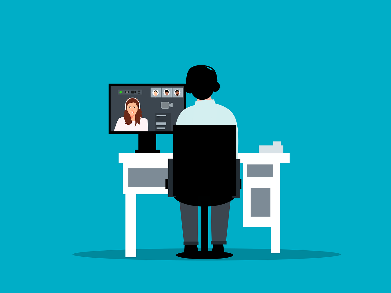 Cartoon image of a person sitting at a desk looking at a computer
